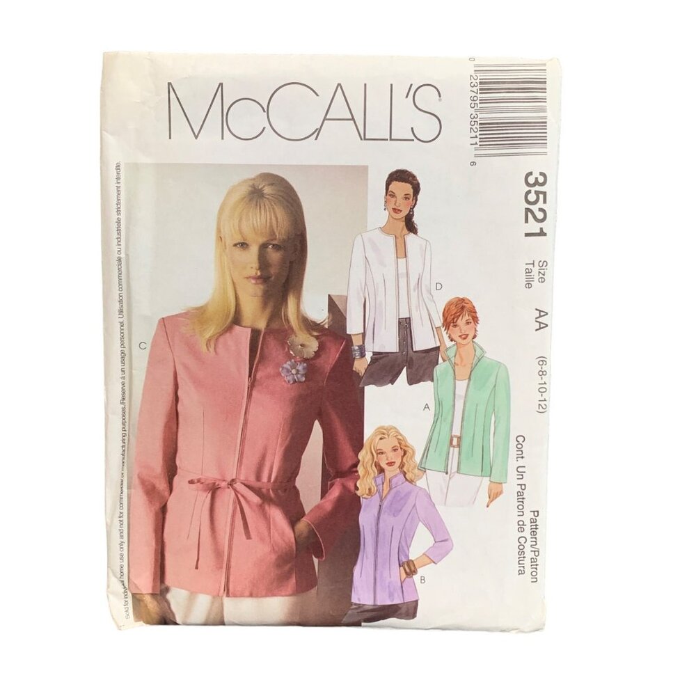 McCalls 3521 Womens Lined Jacket Belt Pattern Size 6-12 uncut